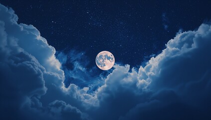 Shining full moon illuminating open nighttime sky, with stars, Milky Way and illuminated clouds