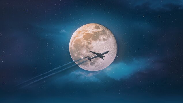 Soaring dark jet silhouette crossing full moon in high-altitude night sky, with twin contrails