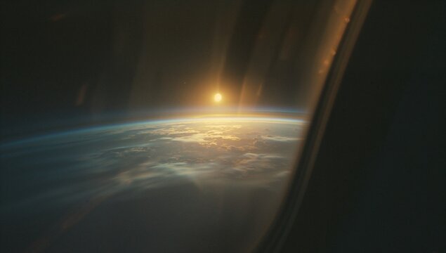 Observing Earth's curvature bathing in golden light from rising Sun through spacecraft window frame