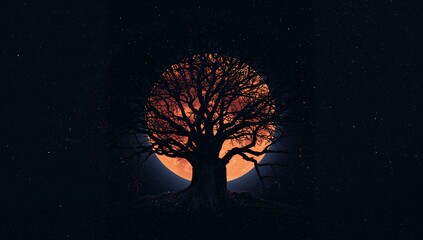 Glowing full orange moon illuminating leafless tree silhouette on small hill, with star field