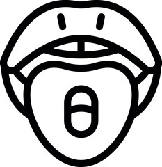 Oral drug administration showing medicine capsule placed on tongue, simple black and white line art icon