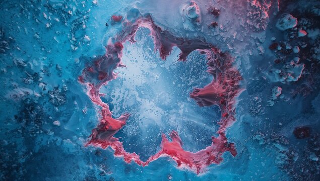 Displaying central blue and red swirling form evolving in virtual space, with cosmic contrast