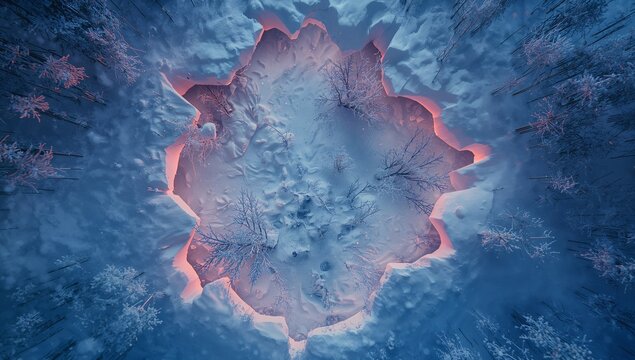 Jagged starshaped crater emitting pink glow amid deep snow, shrubs, bare trees in twilight clearing - Powered by Adobe