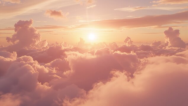 Glowing sun disk casting warm pastel light over cumulus cloud sea at horizon, with cloud columns - Powered by Adobe