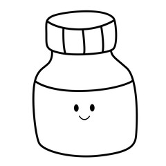 Cute line art of ink bottle with smiling face, minimalist vector illustration perfect for school and art design themes.

