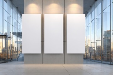 Art gallery with three blank posters against a concrete wall