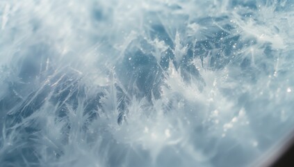 Revealing ice crystals forming delicate frost patterns on smooth glass surface, with tiny glints