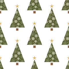 Christmas background, Seamless pattern with a Christmas tree decorated with snowflakes. Minimalistic, cozy design for New Year's decoration