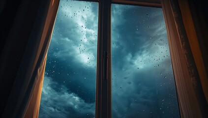Revealing stormy sky through window frame and pane inside room, with raindrops, curtains
