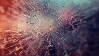 Bathing shattered glass pane in warm orange, cool teal light in studio, with radial fracture lines