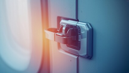 Showcasing metallic latch mechanism reflecting warm glow on aircraft cabin panel beside oval window