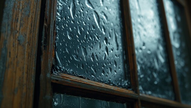 Dripping water droplets creating sheen on wooden window frame inside room, rain-soaked glass