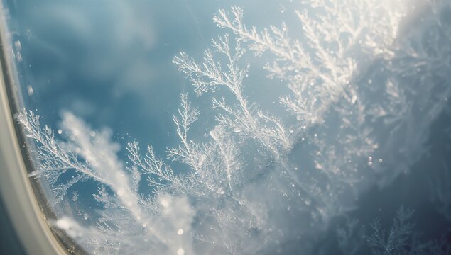 Forming frost crystal patterns covering glass window pane inside airplane cabin, with pale blue sky - Powered by Adobe