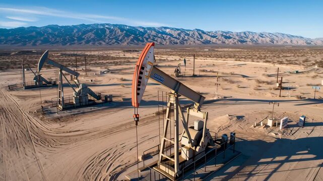 Desert oil pump jack field clear sky sunrise with mountains horizon, industrial arid landscape conveying quiet solitude