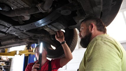 Two automotive mechanics inspecting vehicle undercarriage with flashlight, showcasing teamwork and detailed examination of car components in a well-equipped garage environment