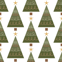 Seamless pattern with a Christmas tree decorated with a garland in doodle style. A cozy winter illustration for the holidays