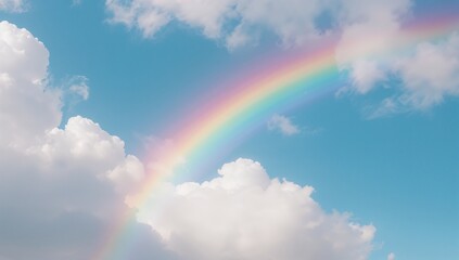 Arching semicircular rainbow stretching across open sky, with cumulus clouds and wispy clouds
