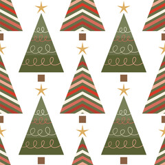 Seamless holiday pattern. Christmas trees with abstract decorations, geometric patterns with lines and shapes. Modern New Year's design