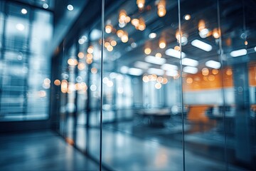 Blurred office space view through glass; abstract corporate atmosphere