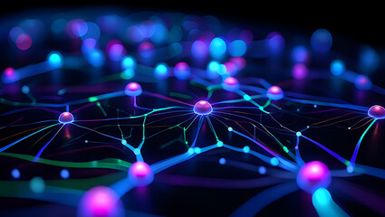 Abstract glowing network of interconnected nodes and lines in vibrant blue and purple neon lights representing artificial intelligence and data connections fiber optics background with light spots