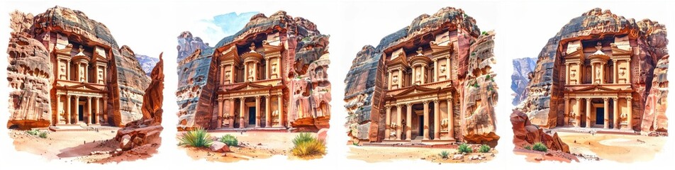 Fototapeta premium Petra, Ma'an, Jordan handcrafted colored pencil illustration with radiant tones and fine detail.