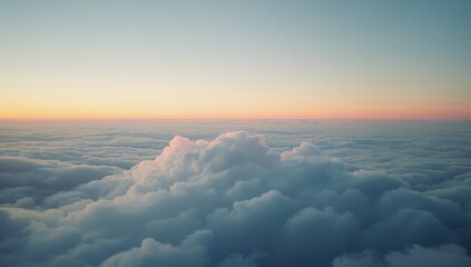 Displaying central cloud cluster billowing over high-altitude cloud deck with pastel gradient sky