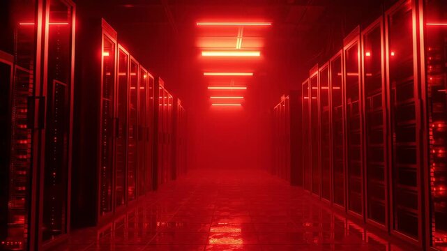 Red server rack corridor with glowing red light data center server room conveying tension foggy misty atmosphere and emergency