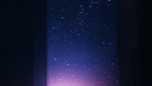 Star-filled sky shimmering with red and white lights through tall window frame with mullions - Powered by Adobe