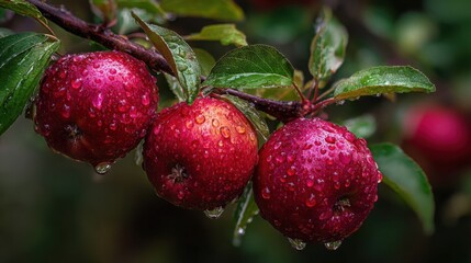 Obraz premium Close-up of three ripe red apples hanging on a tree branch with green leaves, covered in fresh water droplets
