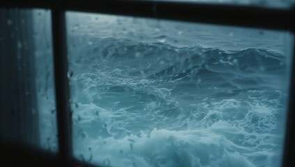 Revealing ocean waves churning with white sea foam outside ship window, with rain-streaked frame