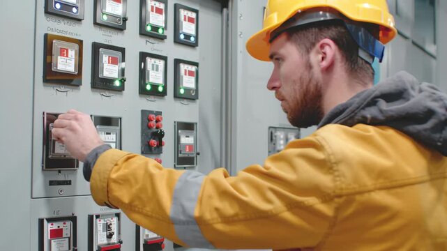 Industrial technician electrician adjusting electrical control panel meter power room and industrial substation with hard hat
