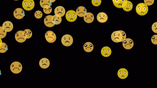 Sad and crying face emojis floating upward on black background. Emotional reaction animation, transparent alpha channel, 4K seamless loop video.