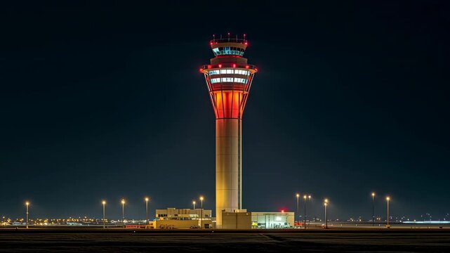 Airport control tower illuminated night with runway lighting and terminal airfield lights creating dramatic red night atmosphere
