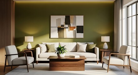 modern living room with olive wall, cream upholstery, walnut table