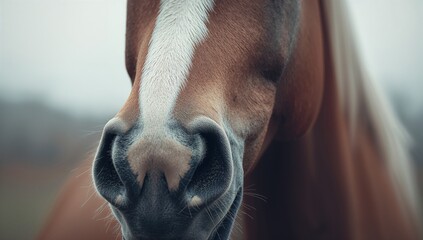 Showing horse muzzle in pasture, with flared nostrils coarse whiskers and white facial blaze