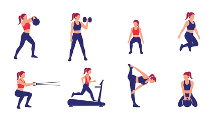 Fitness Routine: A dynamic depiction of a woman engrossed in a multifaceted workout regime, encompassing various exercises