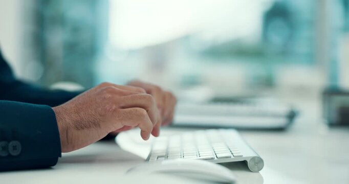 Hands, business man and typing on computer for finance report, policy update or internal auditing. Accountant, person or tech in office for funding proposal, investment portfolio or email networking