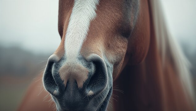 Showing horse muzzle in pasture, with flared nostrils coarse whiskers and white facial blaze - Powered by Adobe