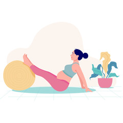 Pregnant Woman Exercising With Stability Ball And Yoga Mat In A Bright Room With Green Plant And Abstract Shapes Background Fitness And Wellness Concept