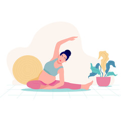 Pregnant Woman Engaged In Gentle Prenatal Yoga Stretches With Stability Ball And Plant In Minimalist Style Room With Pastel Colors And Soft Lighting