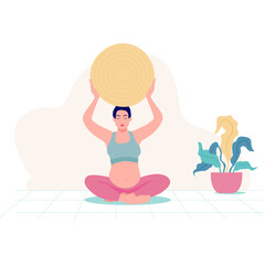 Pregnant Woman Exercising With Stability Ball Performing Yoga Pose In Sitting Position Light Blue Top Pink Leggings Green Turquoise Mat