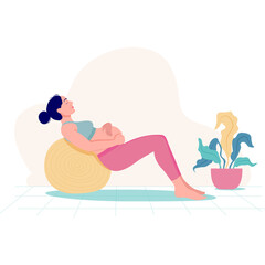 Pregnant Woman Exercising With Stability Ball In A Calm Setting With A Plant And Neutral Background