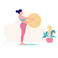 Pregnant Woman in Pink Leggings and Blue Sports Bra Holds Yellow Stability Ball for Prenatal Exercise Next to Potted Plant on White Background