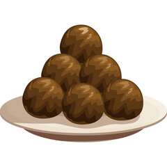 Plate piled high with seven rich brown textured spherical meatballs in a rustic display against a simple white backdrop