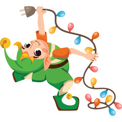 Playful Elf Character Hanging Upside Down With Colorful Christmas Lights And A Plug In A White Background