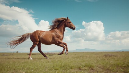 Fototapeta premium Galloping chestnut horse racing across grassland plain under vibrant blue sky, wild energy