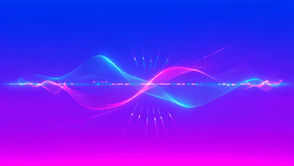 Abstract glowing neon wave forming an infinity symbol with light streaks and particles against a vibrant blue and purple gradient abstract blue background with lines