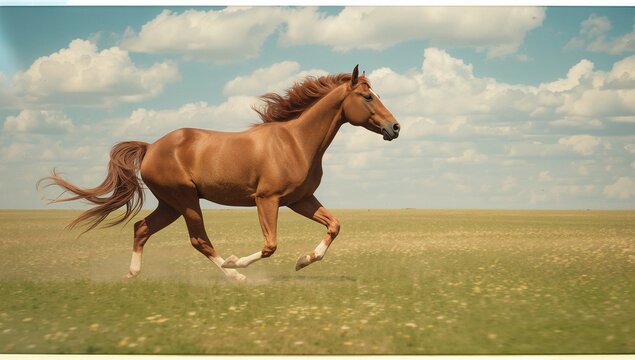Galloping chestnut horse moving across grassland under fluffy white clouds, with dust and flowers - Powered by Adobe