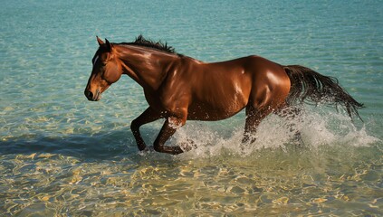 Galloping glossy brown horse moving through shallow coastal turquoise water, with splashing waves