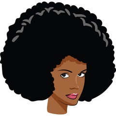 Portrait Of A Woman With A Large Afro Hairstyle And Brown Skin With Pink Lips And Black Eyes In A White Background